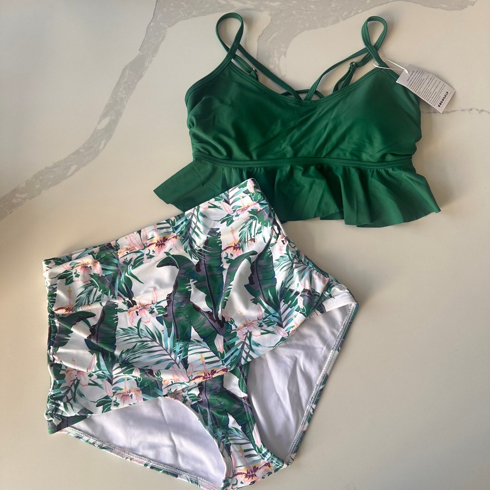 Cocoship Green Flounce Bikini Top Tropical High Waist Bottoms Two Piece Set 6